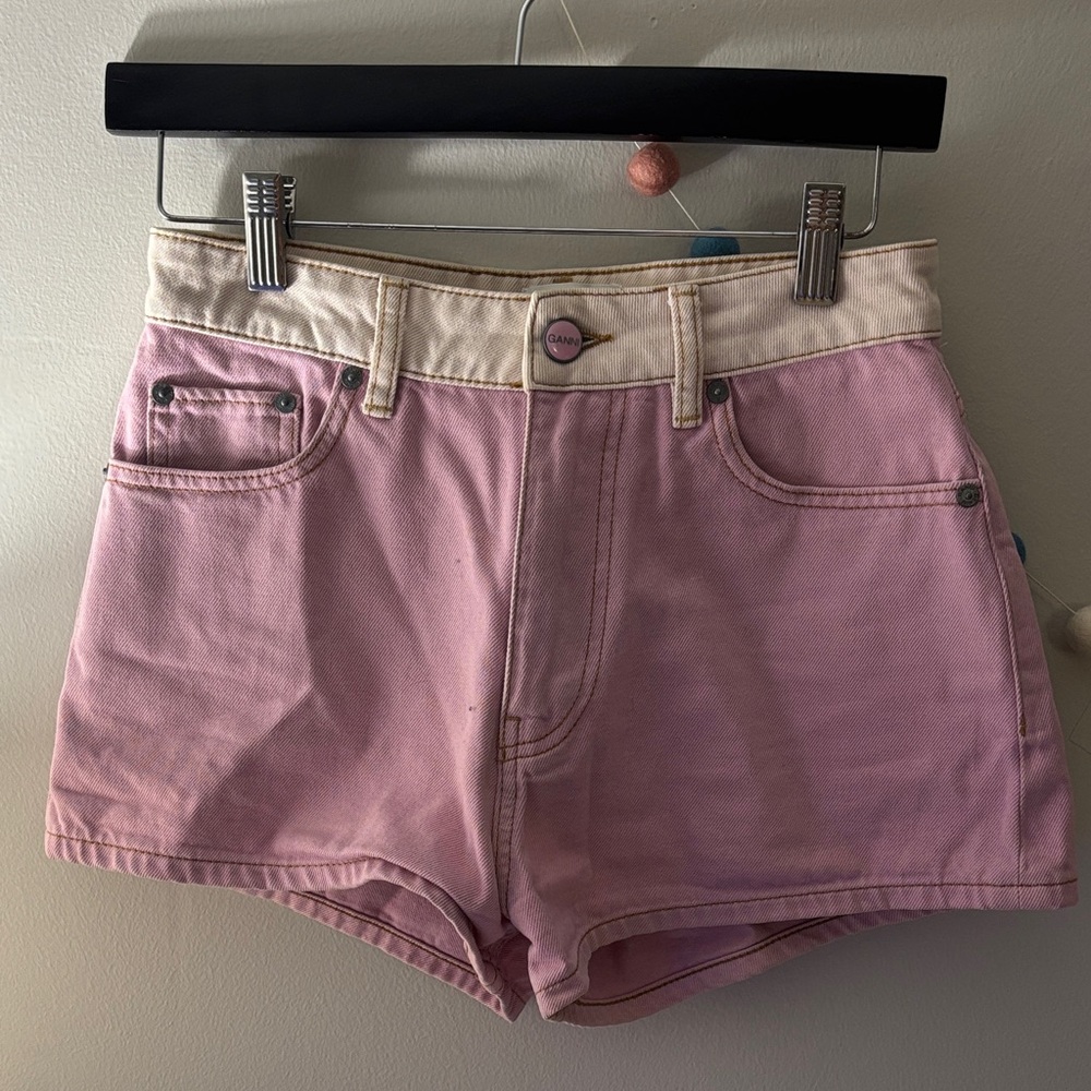 Ganni Pink Denim Shorts with Cream Waistband